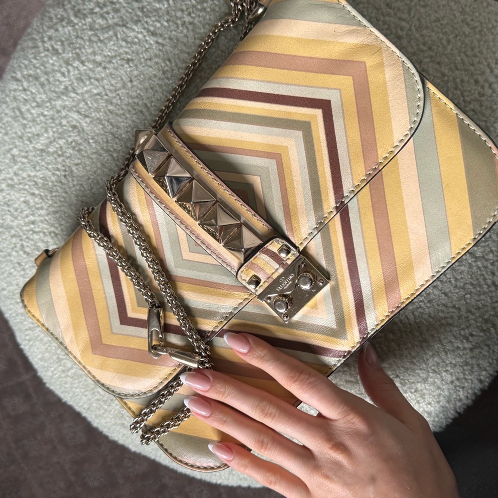 VALENTINO original bag, Yellow and Brown Striped with Metallic Chain